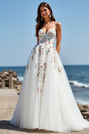 Floral A Line White Wedding Dress with Appliques